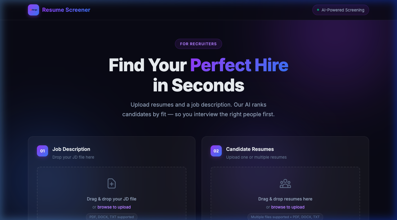 RecruitAI — Resume screener interface showing job description upload and candidate ranking